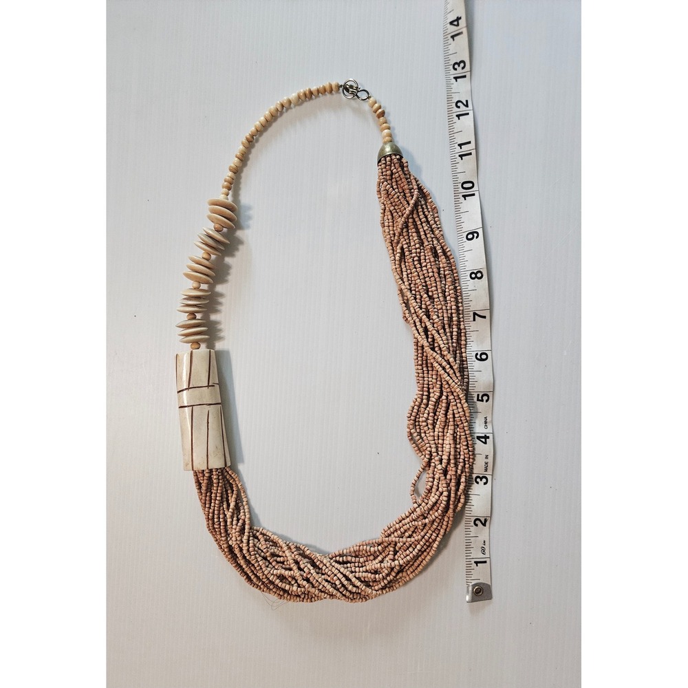 Vintage Multi Strand Seed Bead Bone Statement Necklace Boho Tribal Asymmetrical - Picture 2 of 6